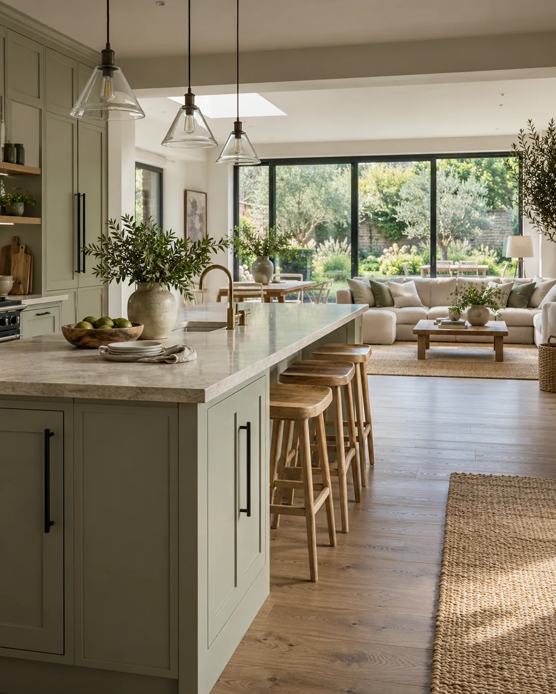 Warm contemporary kitchen with sage cabinetry, dark hardware and garden glazing